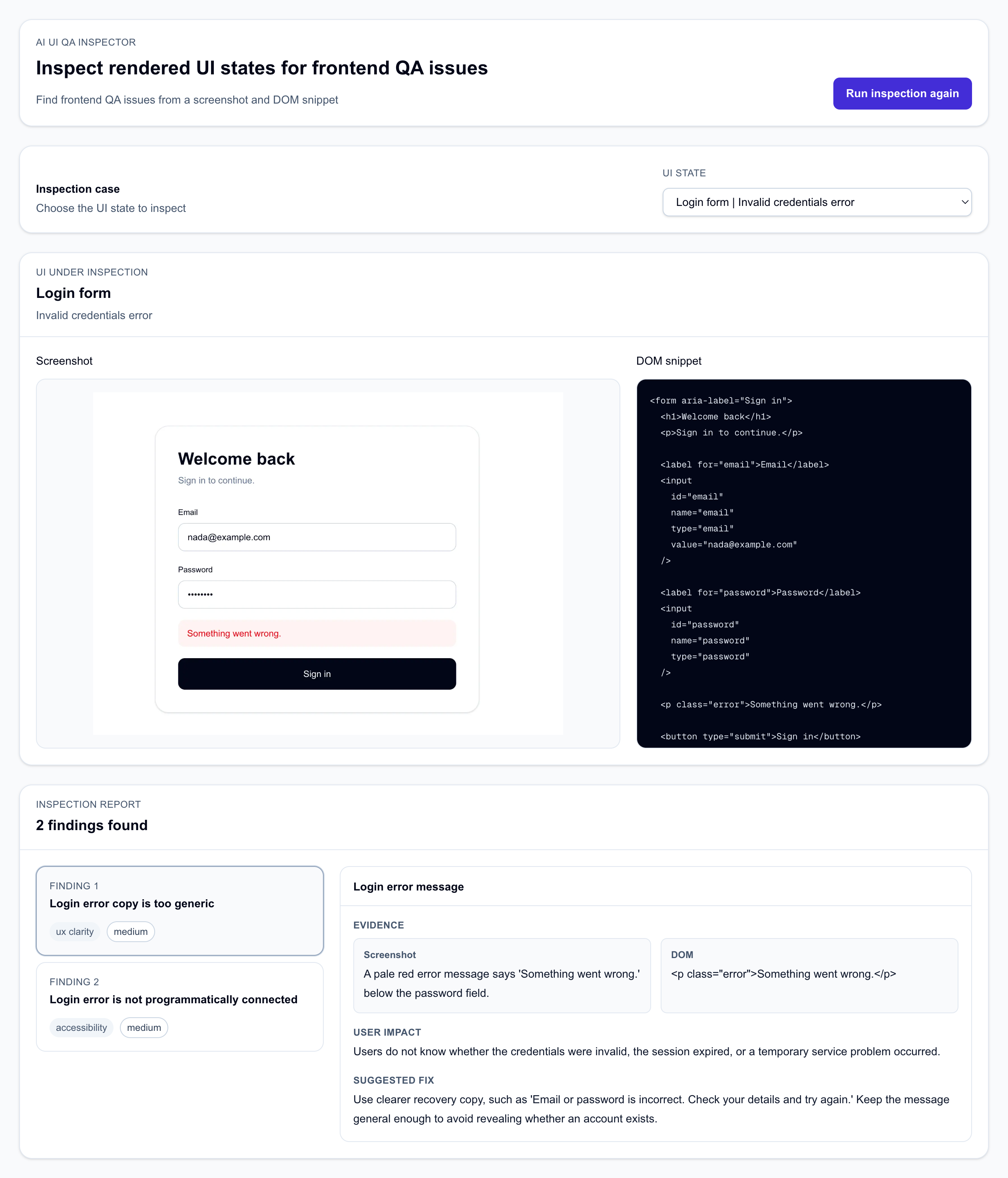 The AI UI QA Inspector report view showing a screenshot/DOM input and a structured QA finding